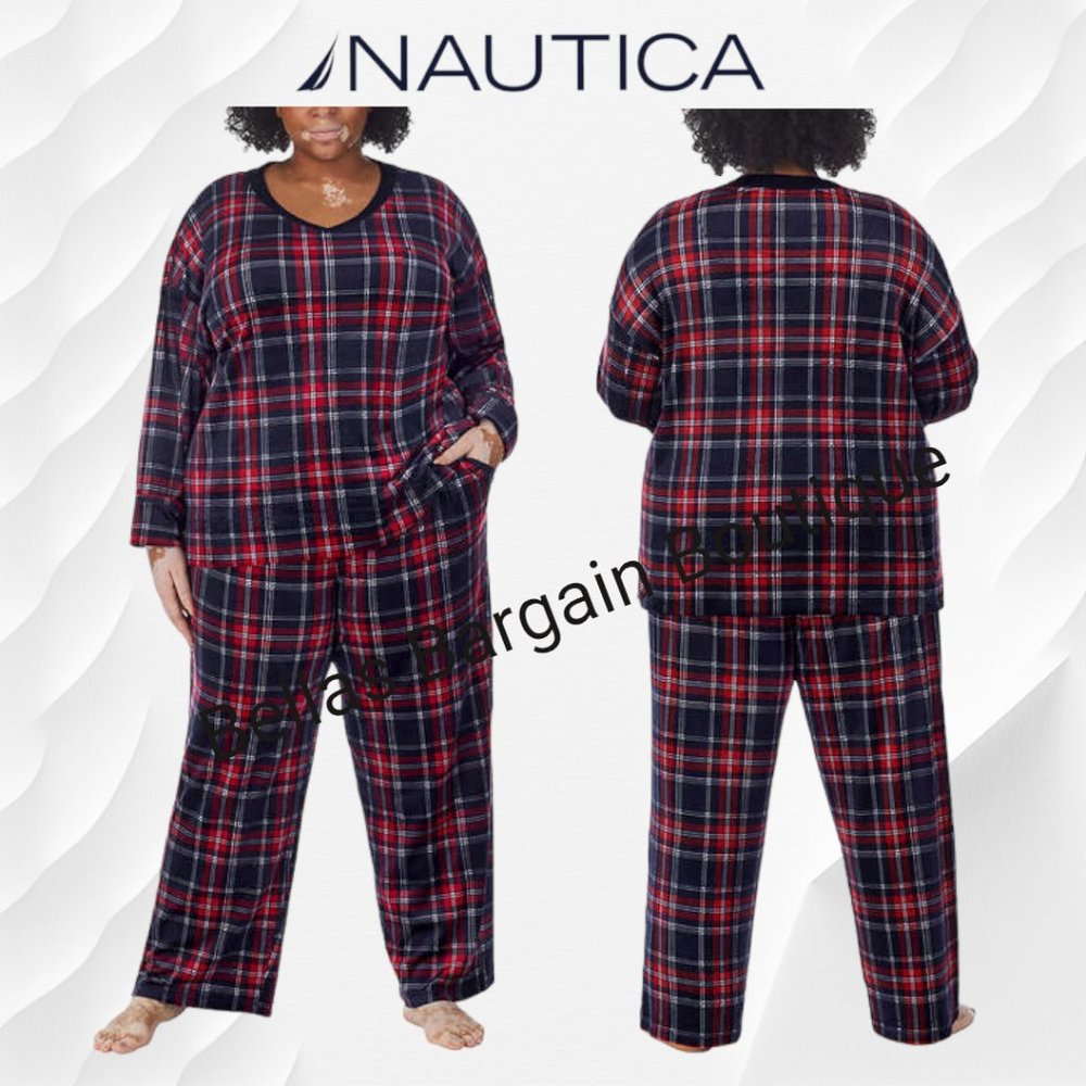 Nautica Women's 2-Piece Fleece Pajama Set V Neck Long Sleeve Pant w Pockets XXL